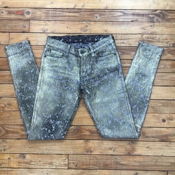 7 For All Mankind gold black jeans embroidered medium rise waist skinny size 26 - Picture 1 of 10